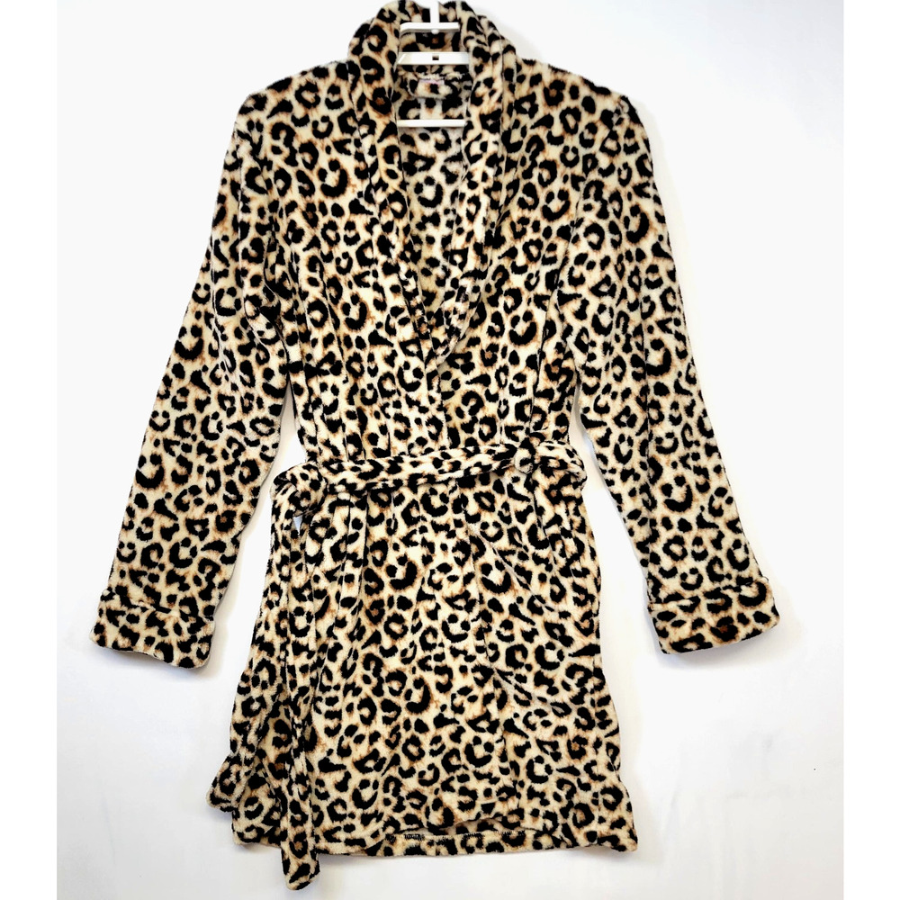BodyCandy Soft Robe Womens Large Brown Leopard Fleece Belted Long Sleeve Kimono